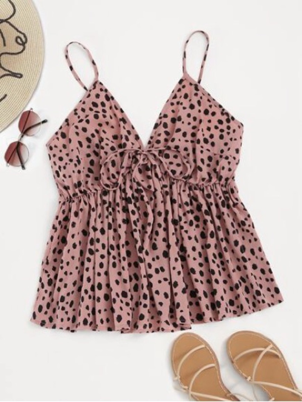 SHEIN Pink Black Spotted Tie-Front Cami